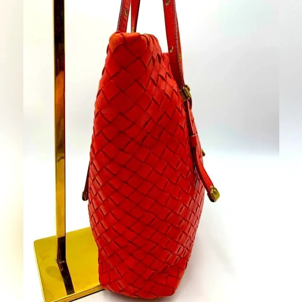 Auth Bottega Veneta Red Intrecciatp Napa Leather Tote Shoulder Bag Preloved